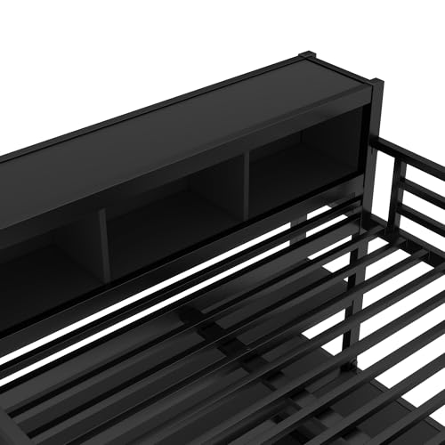 Queen Size Black Metal Loft Bed with Wardrobe and L-Shaped Desk S883805