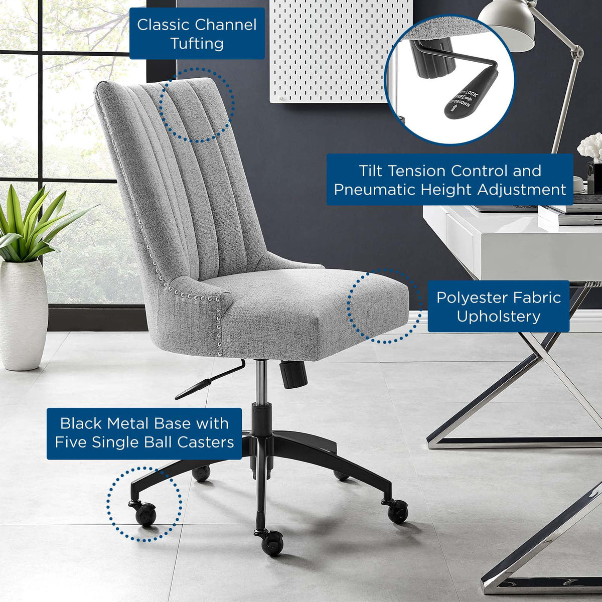Black Light Gray Tufted Fabric Office Chair F677