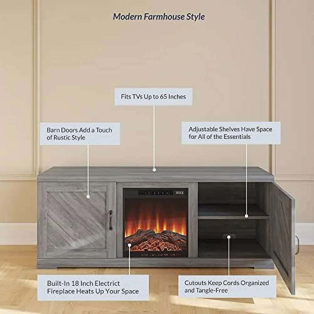 58 Inch TV Stand with Electric Fireplace and Cabinets H85192