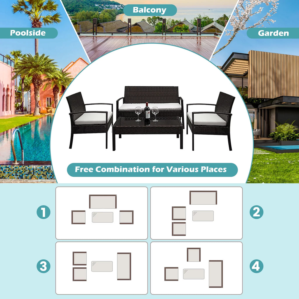 4 Pieces Brown Rattan Patio Conversation Set V539