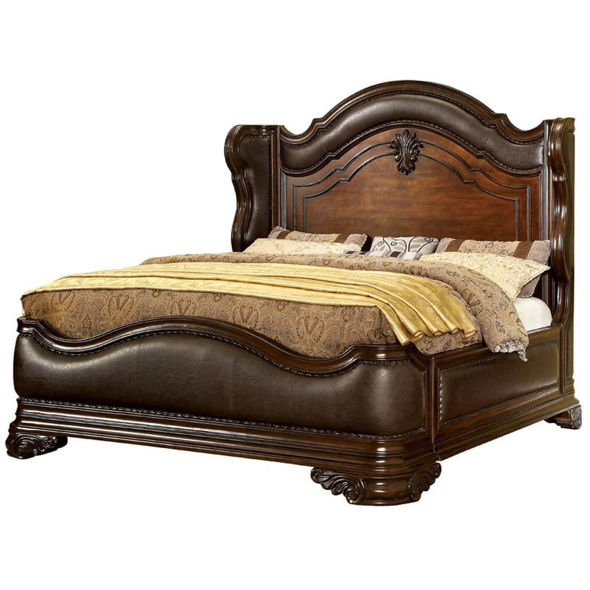 Brown Cherry Faux Leather Cal King Wingback Bed Q9234