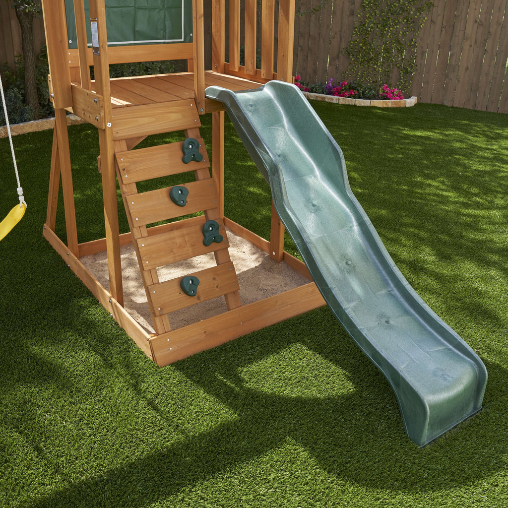 Wooden Outdoor Swing Set with Slide and Rock Wall X817333