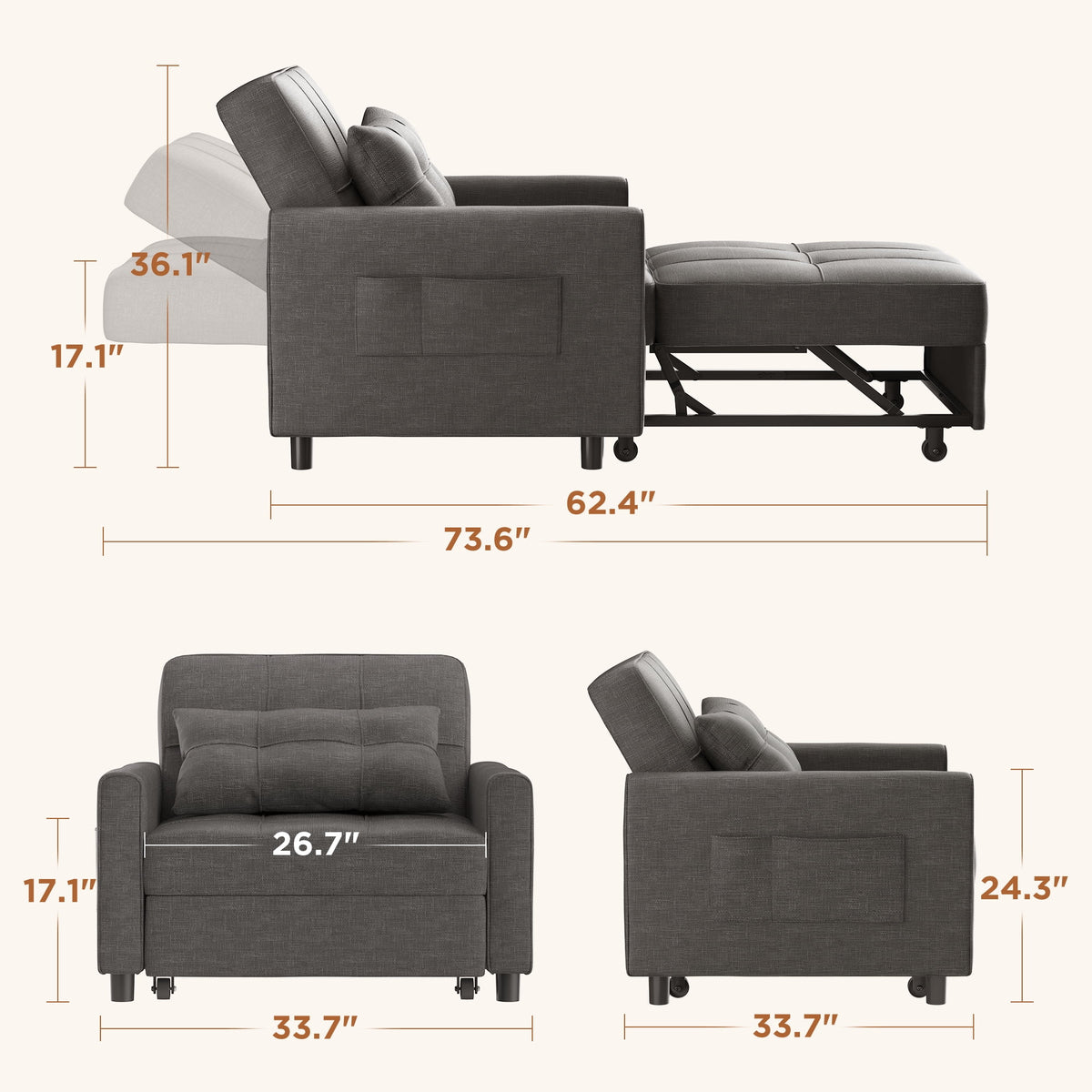 Light Gray Convertible Sofa Bed Q20718