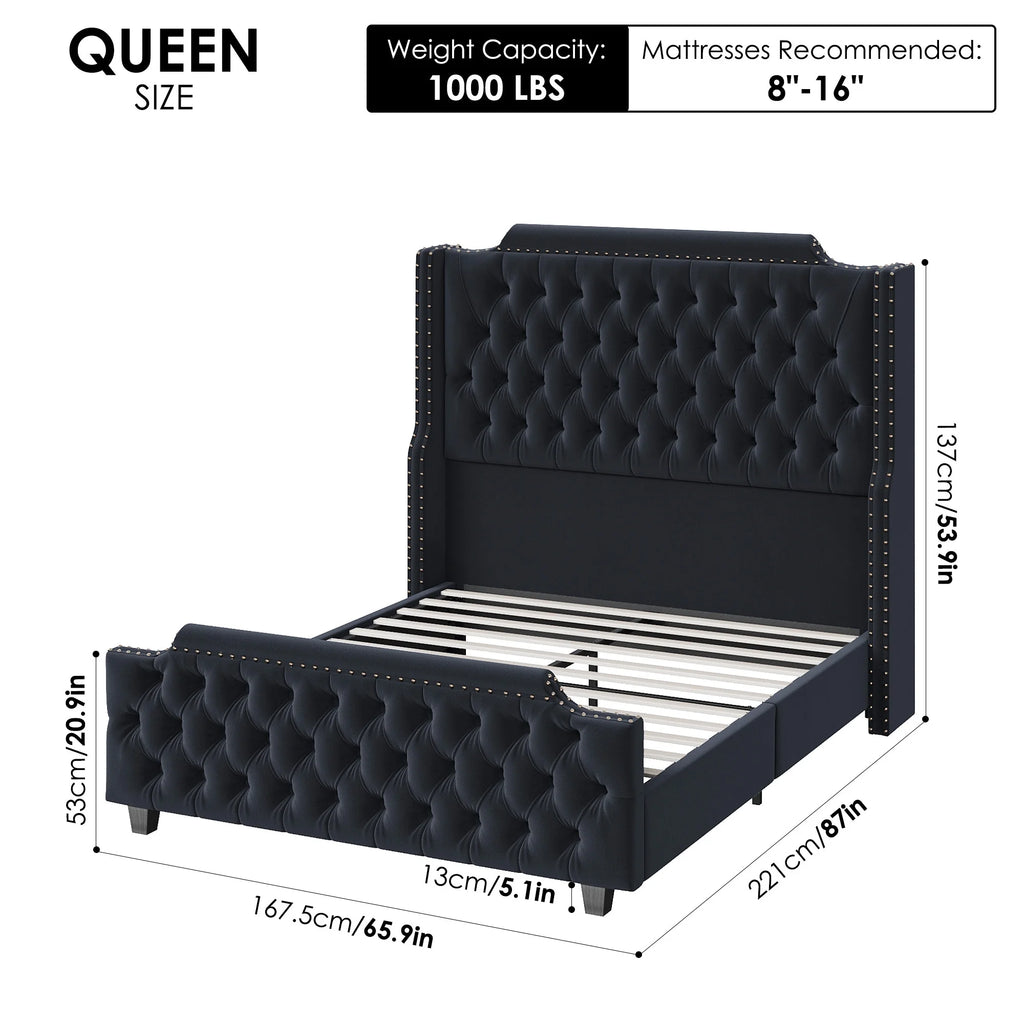 Queen Size Velvet Button Tufted Upholstered Bed with Headboard C710
