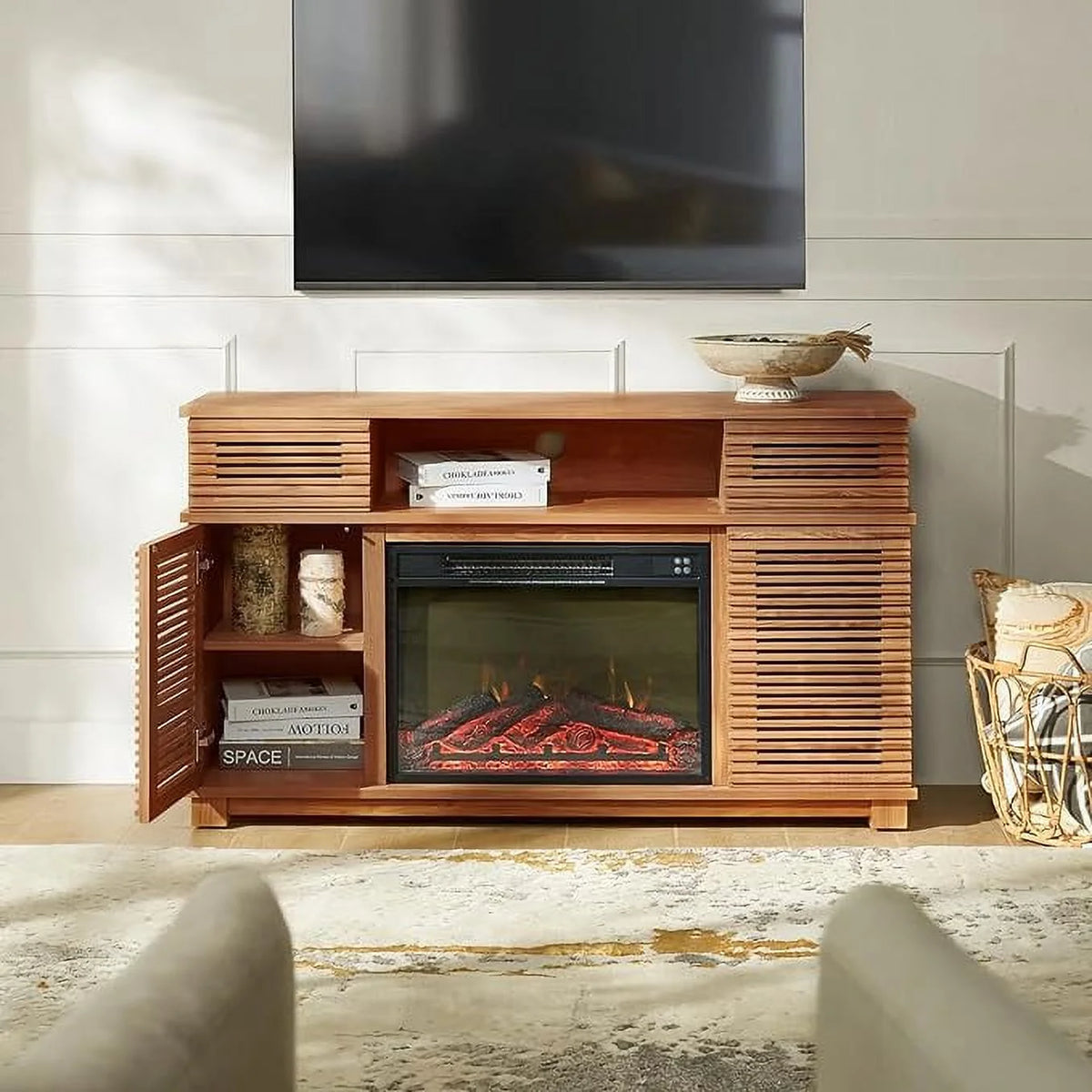 52 Fireplace TV Stand Farmhouse 2 Drawers Adjustable Electric Wood Media Console Cabinet I268338