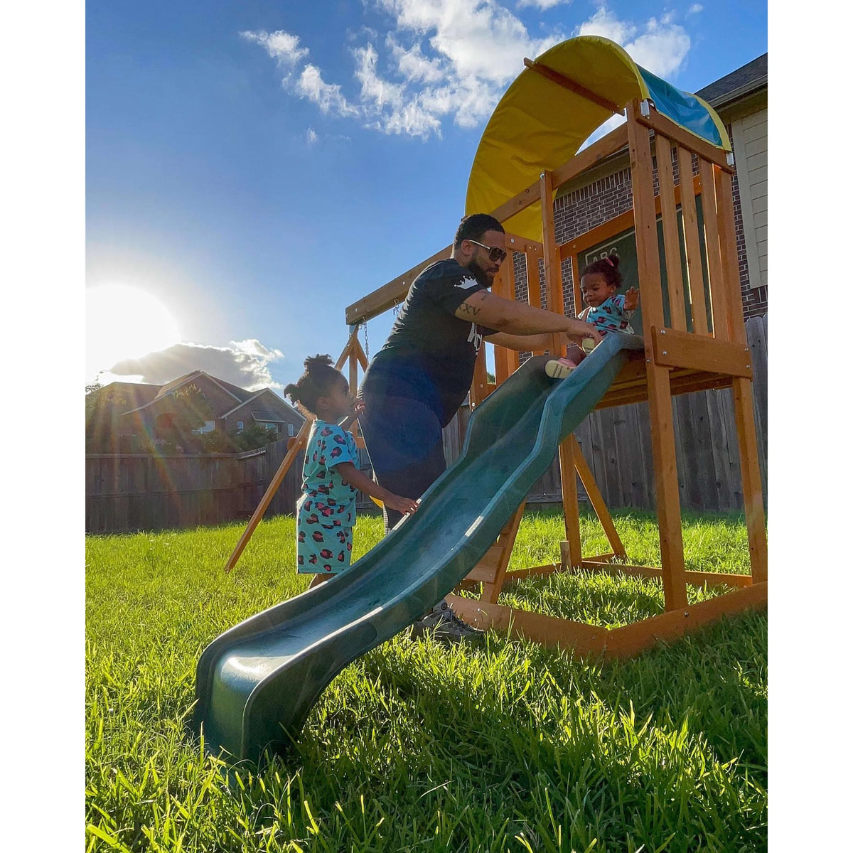 Wooden Outdoor Swing Set with Slide and Rock Wall X817333