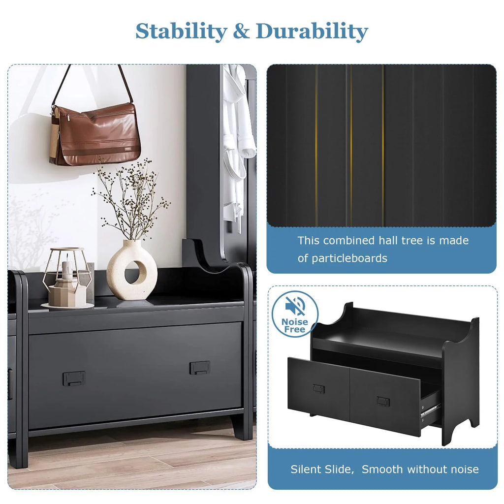 Black Hall Tree with Bench and Shoe Storage W47959