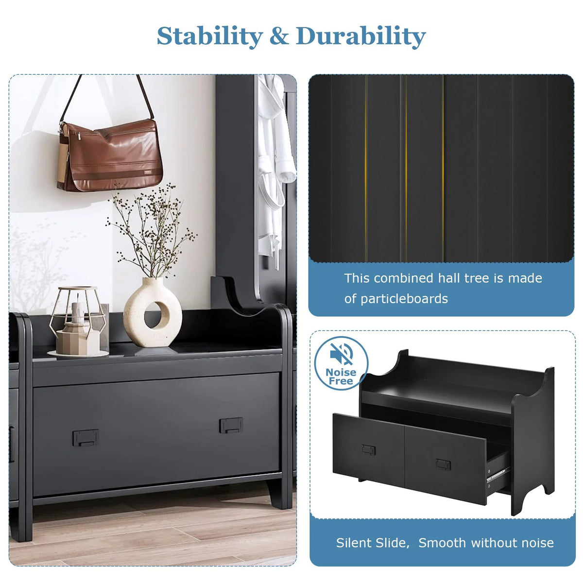 Black Hall Tree with Bench and Shoe Storage W47959