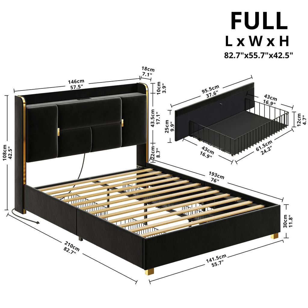 Queen Bed Frame with Storage Headboard and 4 Under-bed Drawers X1810