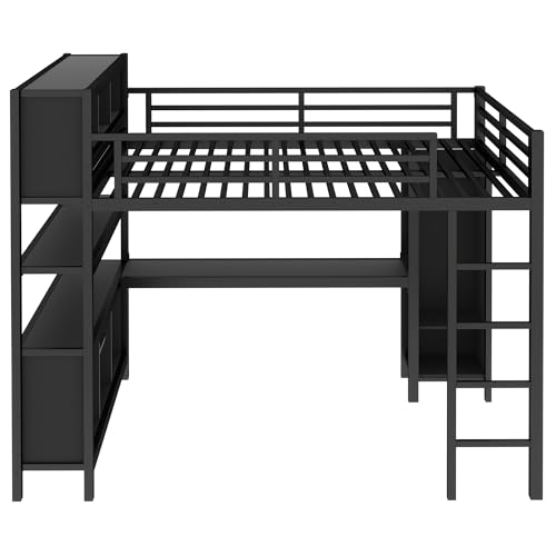 Queen Size Black Metal Loft Bed with Wardrobe and L-Shaped Desk S883805