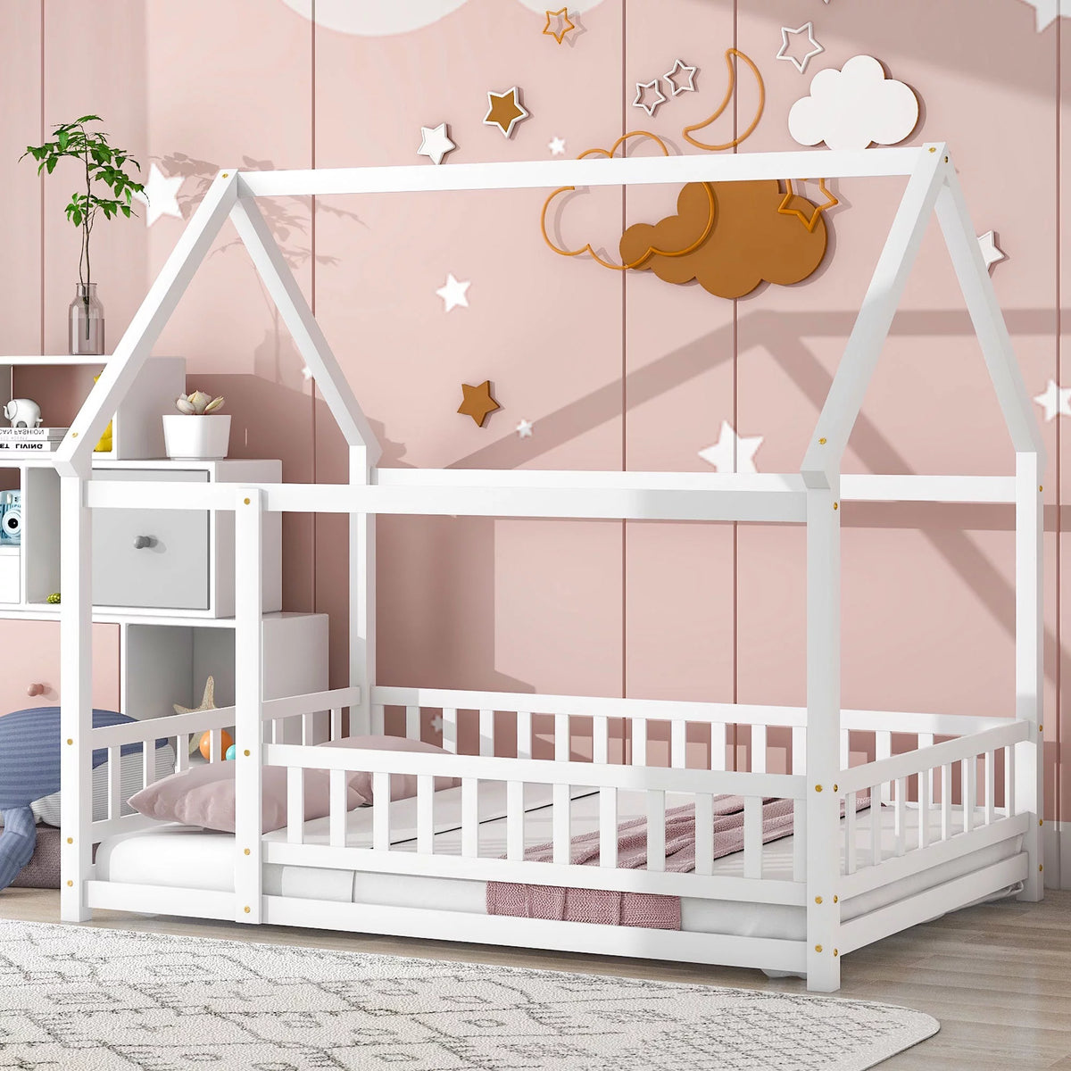 Full Size White Wooden Floor Bed with House Roof Frame I3576