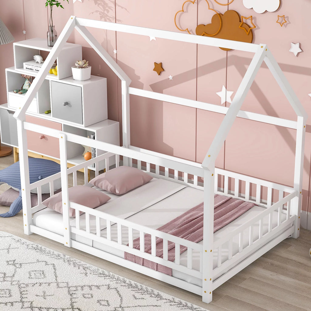 Full Size White Wooden Floor Bed with House Roof Frame I3576