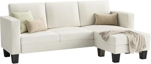 Cream Corduroy L-Shaped Convertible Sectional Sofa 3 Seater X831568