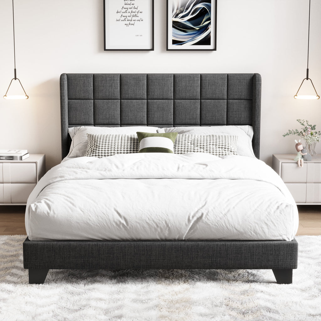 Queen Size Dark Grey Platform Bed with Wingback Headboard Y63405