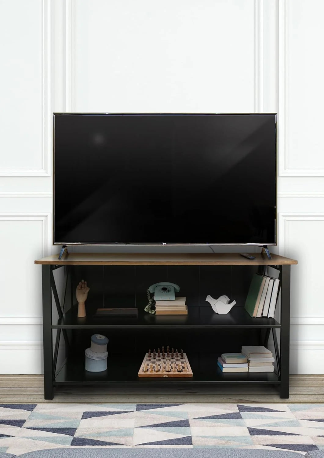 Solid Wood Console Table with Shelves, 52" W, Black and Antique Cherry S7351