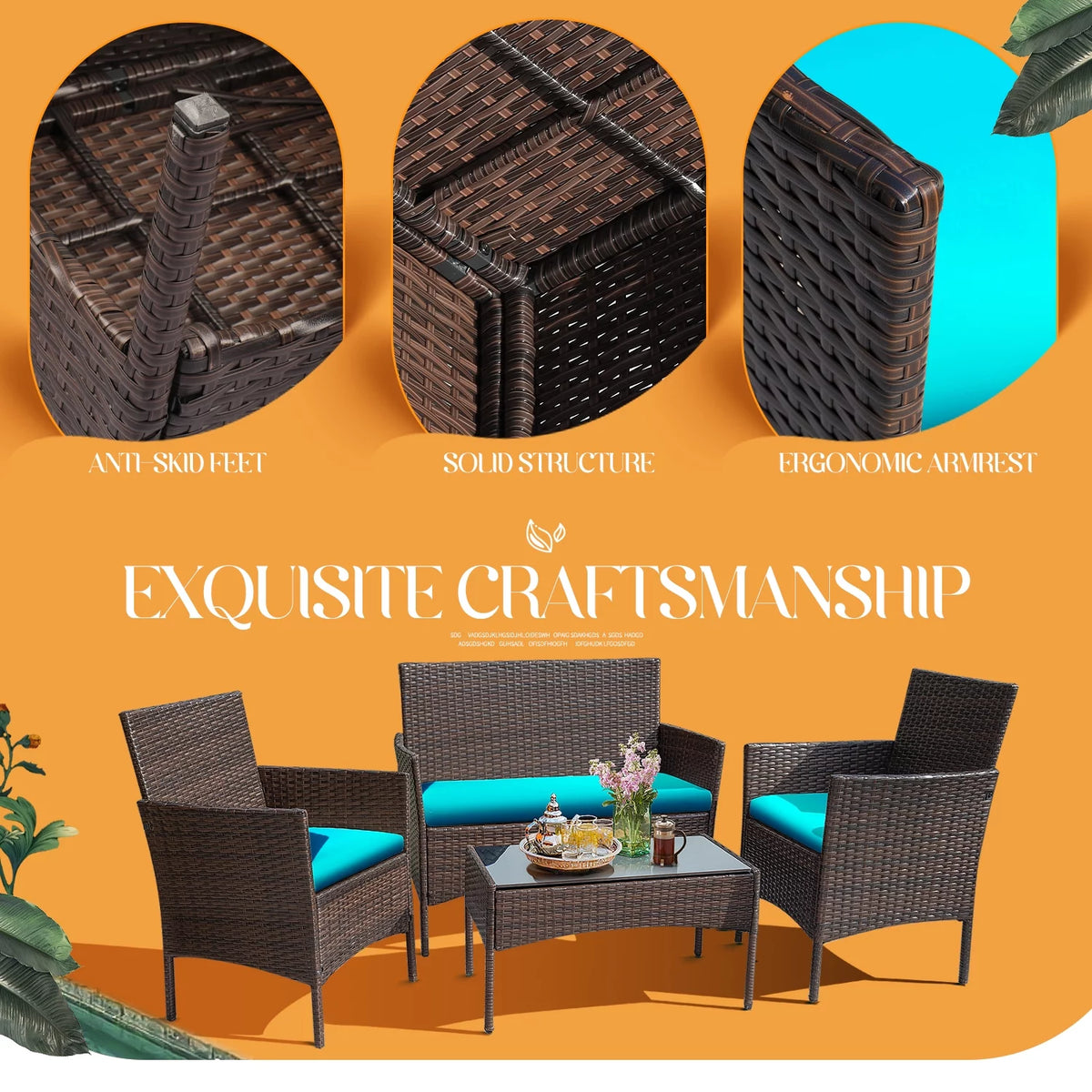 4 Piece PE Rattan Wicker Patio Table and Chairs Set with Cushions N8022