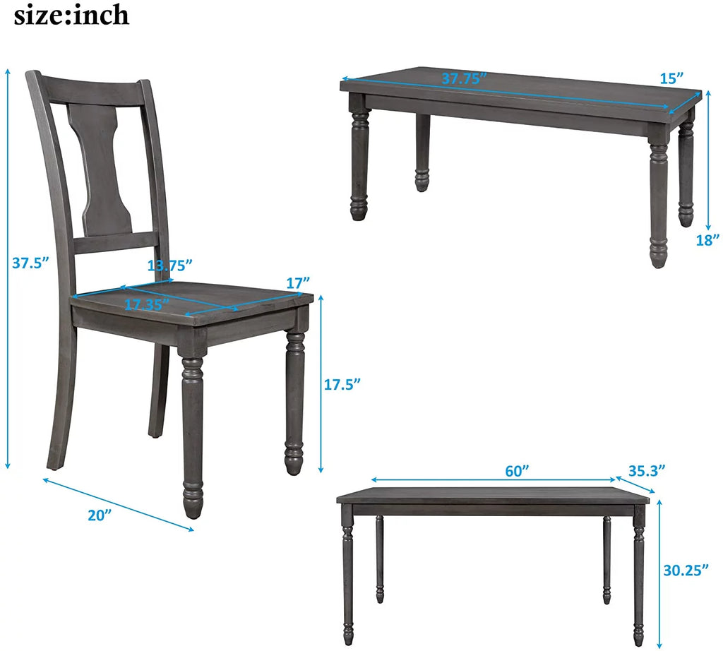 6 Piece Wooden Dining Table Set with 4 Chairs and Bench S96097