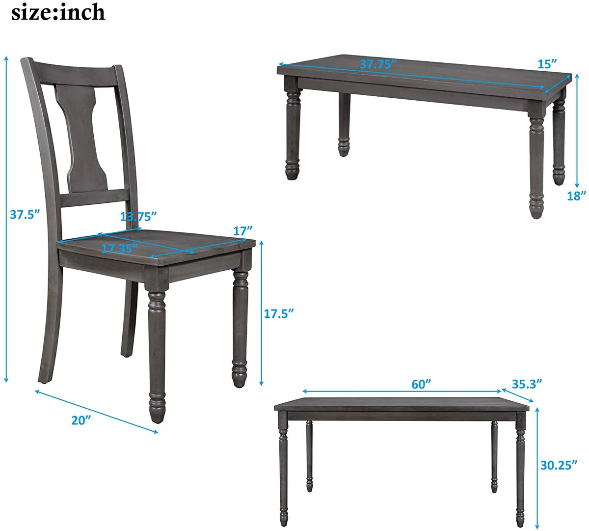 6 Piece Wooden Dining Table Set with 4 Chairs and Bench S96097