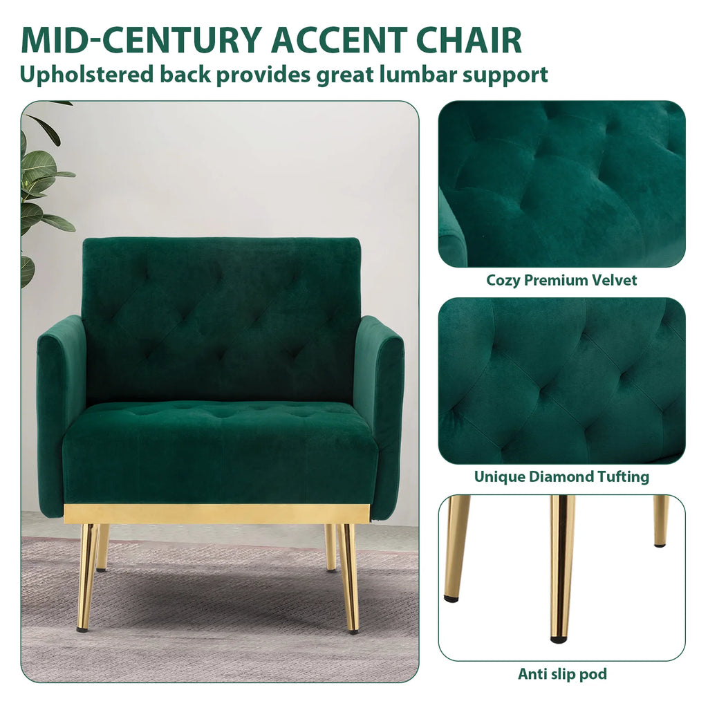 Green Velvet Upholstered Accent Chair with Metal Legs J530