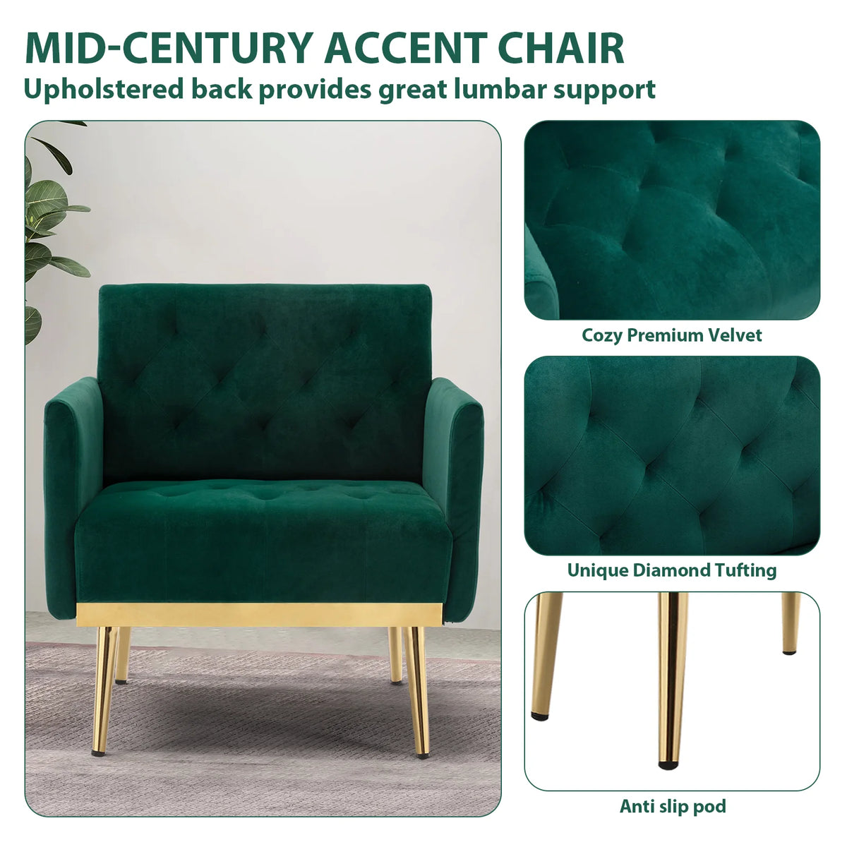 Green Velvet Upholstered Accent Chair with Metal Legs J530