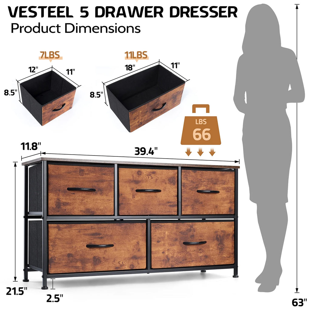 5 Drawer Fabric Dresser with Wood Top H416671