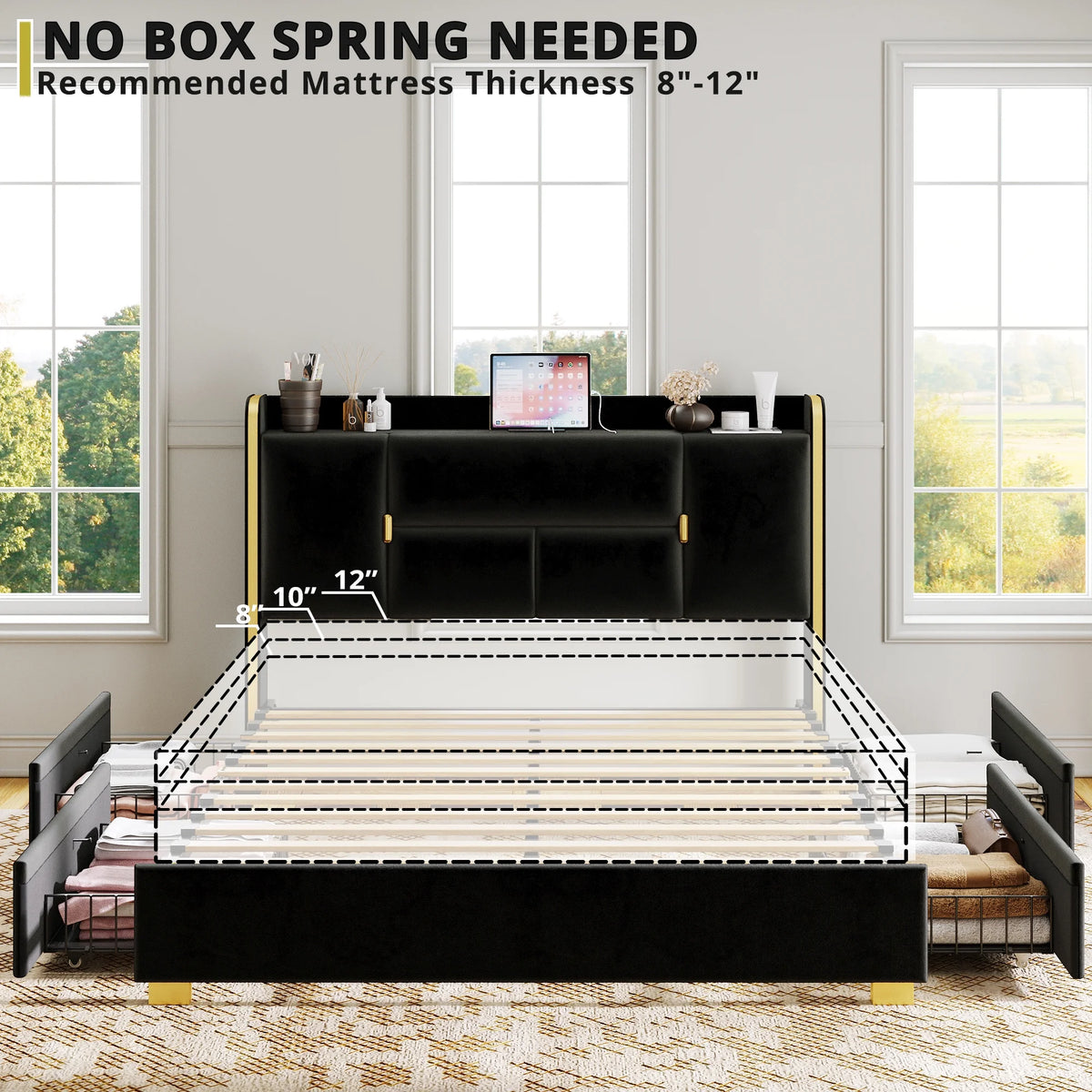 Queen Bed Frame with Storage Headboard and 4 Under-bed Drawers X1810