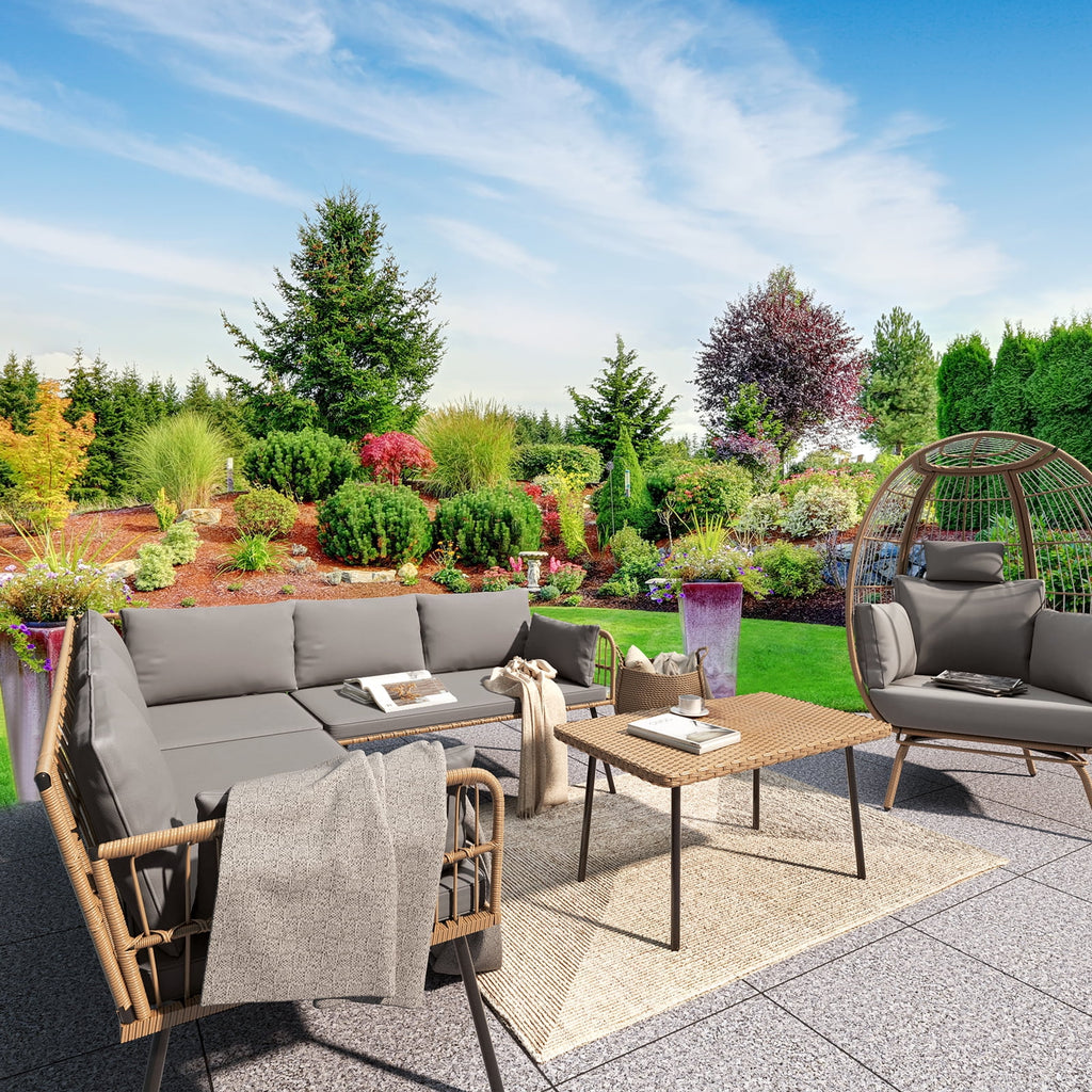 L-Shaped All-Weather Wicker Patio Sofa with Cushions R15532