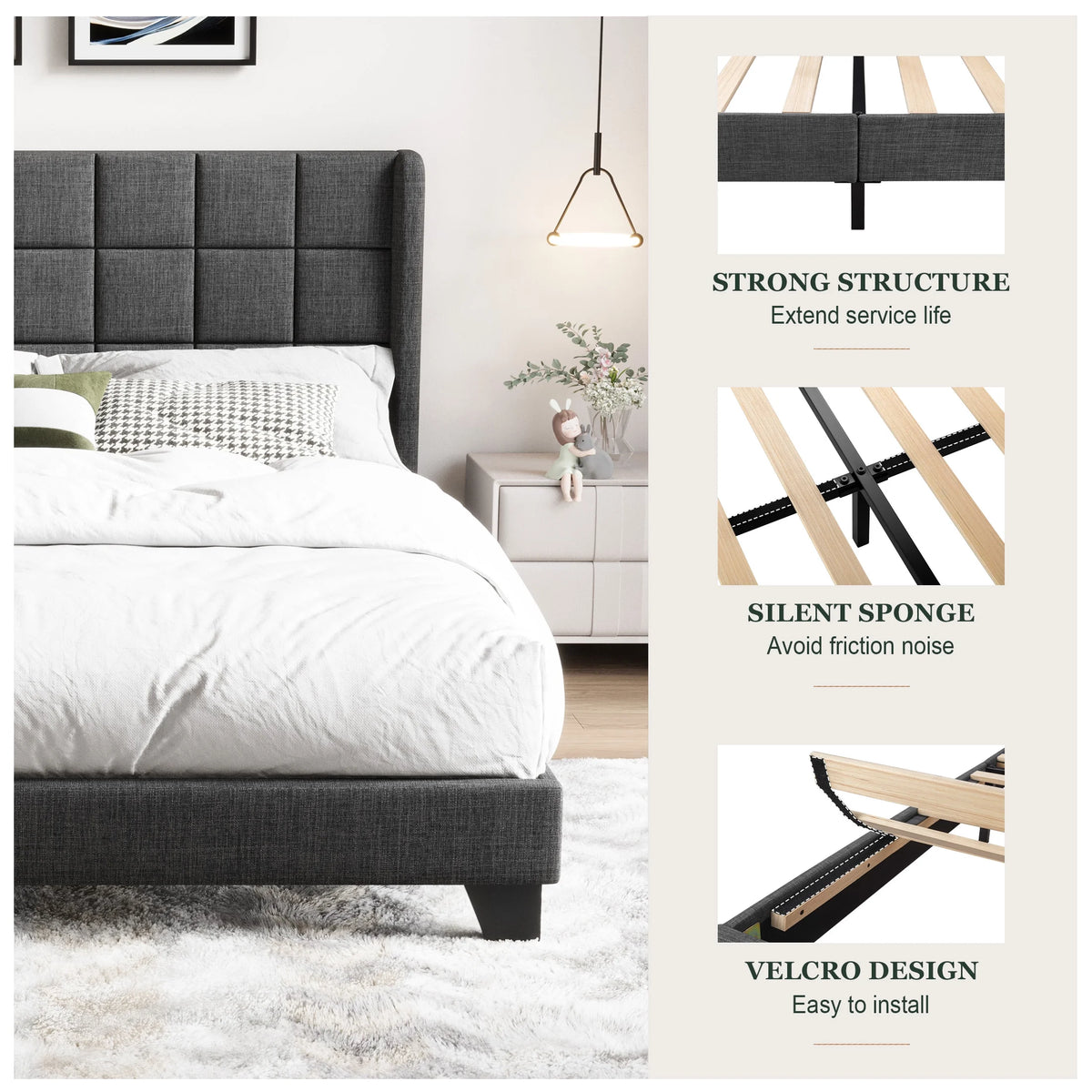 Queen Size Dark Grey Platform Bed with Wingback Headboard Y63405