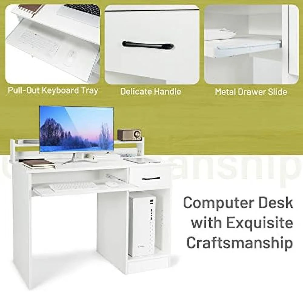 Black Wooden Computer Desk with Drawers and Keyboard Tray A84901