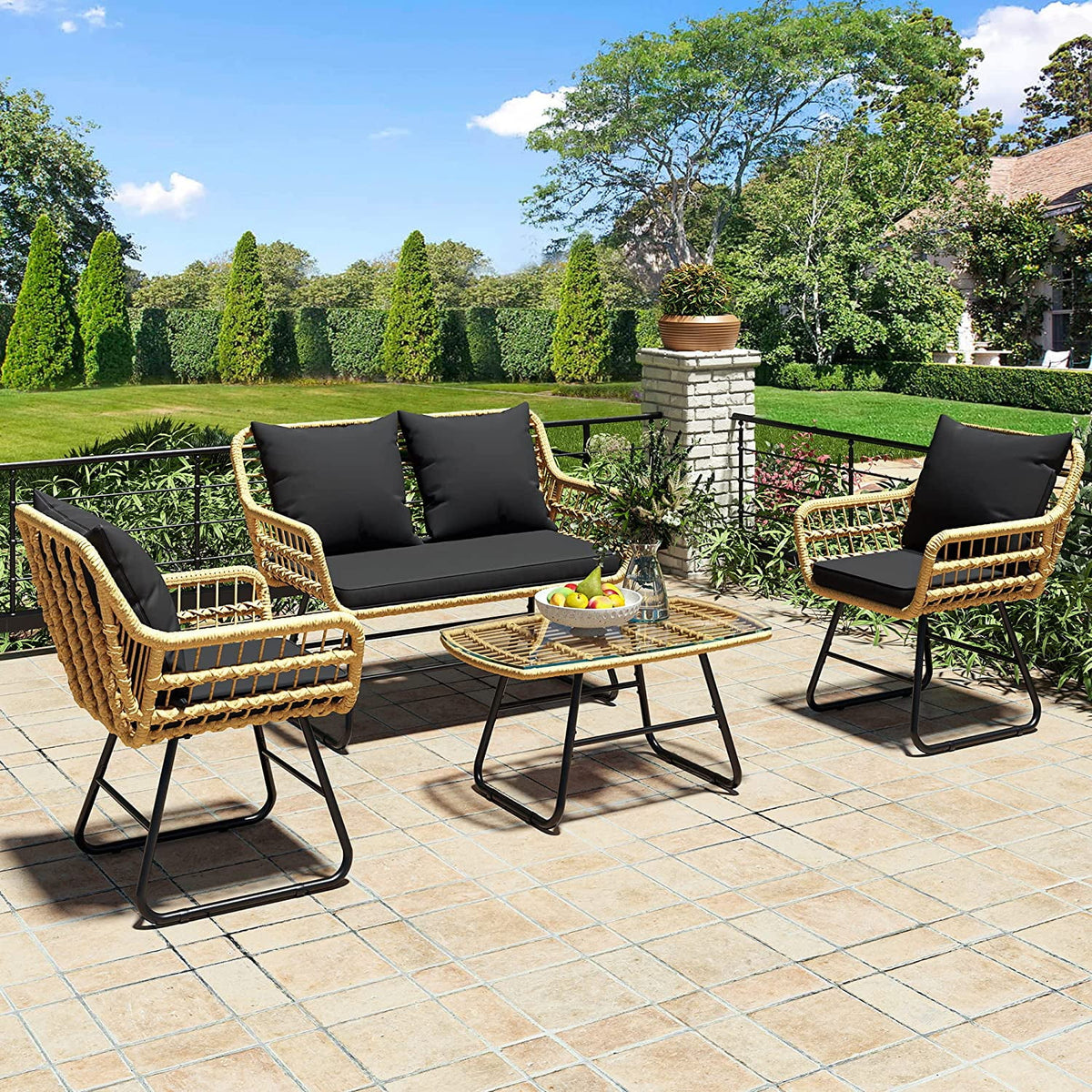 4-Piece Wicker Outdoor Bistro Set with Cushions and Metal Table L867