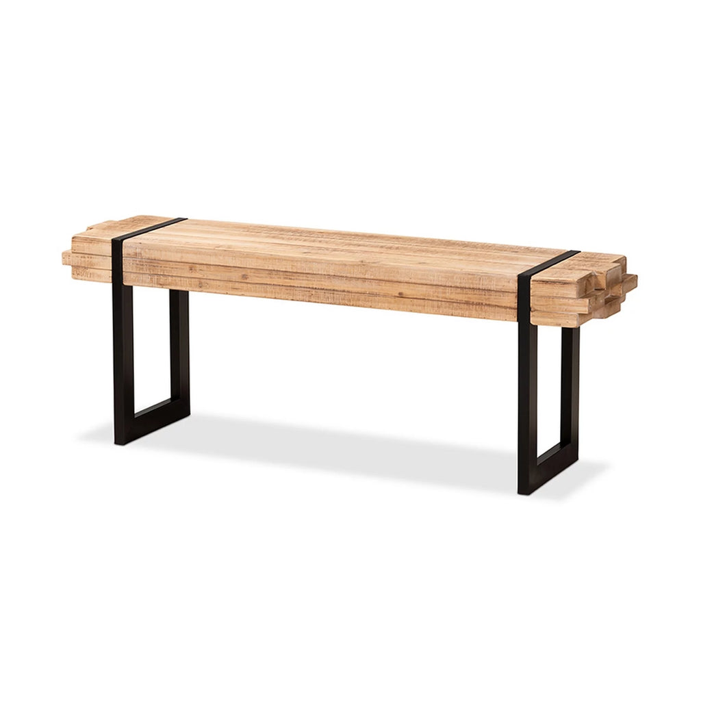 Natural Brown Wood and Black Metal Bench Y2407