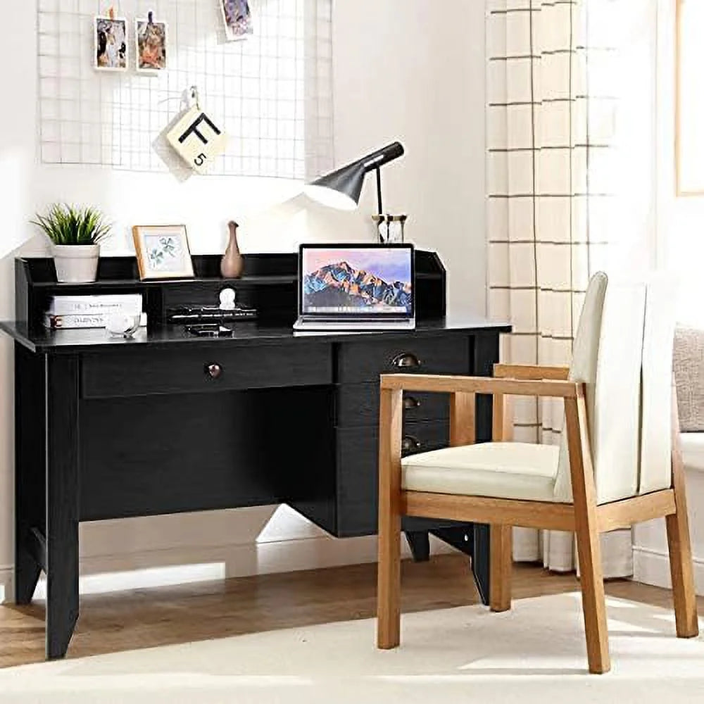 Brown Wooden Computer Desk with 4 Drawers and Bookshelf T8683
