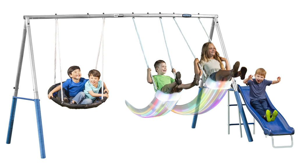 Metal Swing Set with 2 LED Swing Seats, Disc Swing, & Wave Slide Z7081