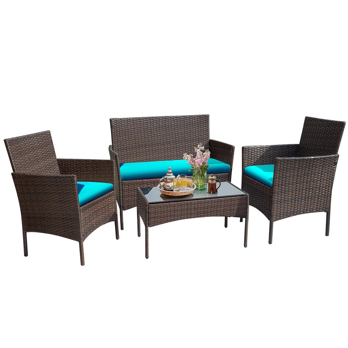 4 Piece PE Rattan Wicker Patio Table and Chairs Set with Cushions N8022