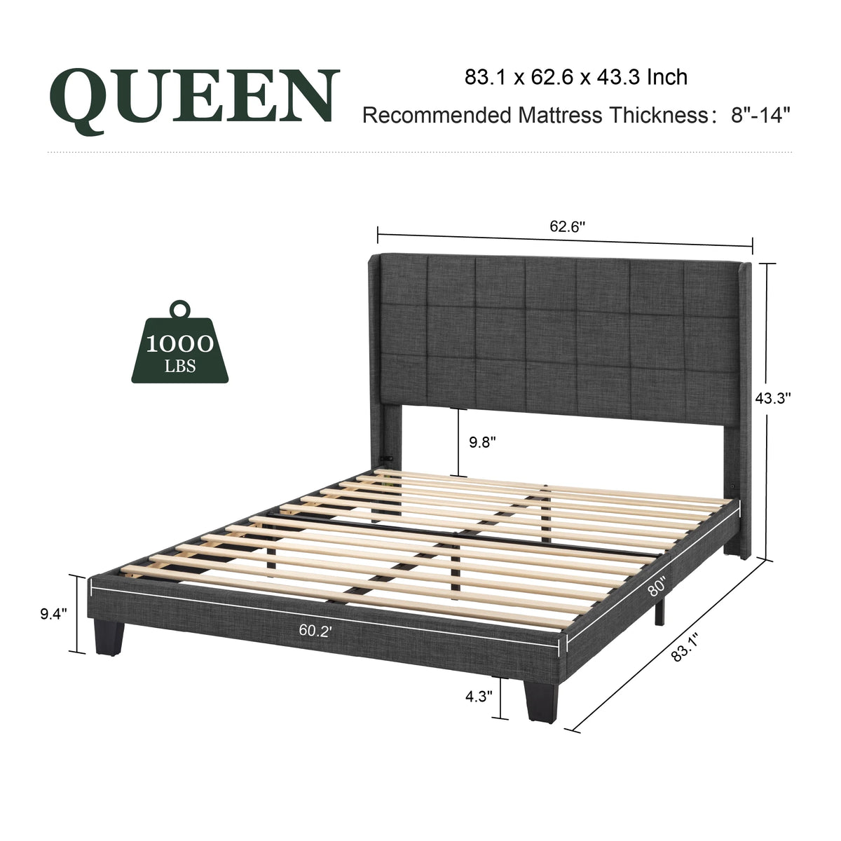 Queen Size Dark Grey Platform Bed with Wingback Headboard Y63405