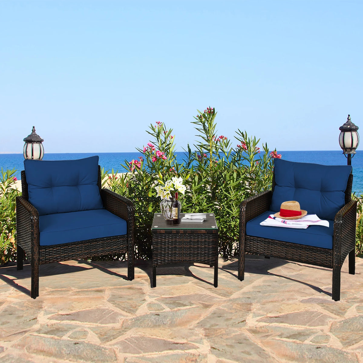 3 Pcs Rattan Patio Conversation Set with Navy Cushions J43316