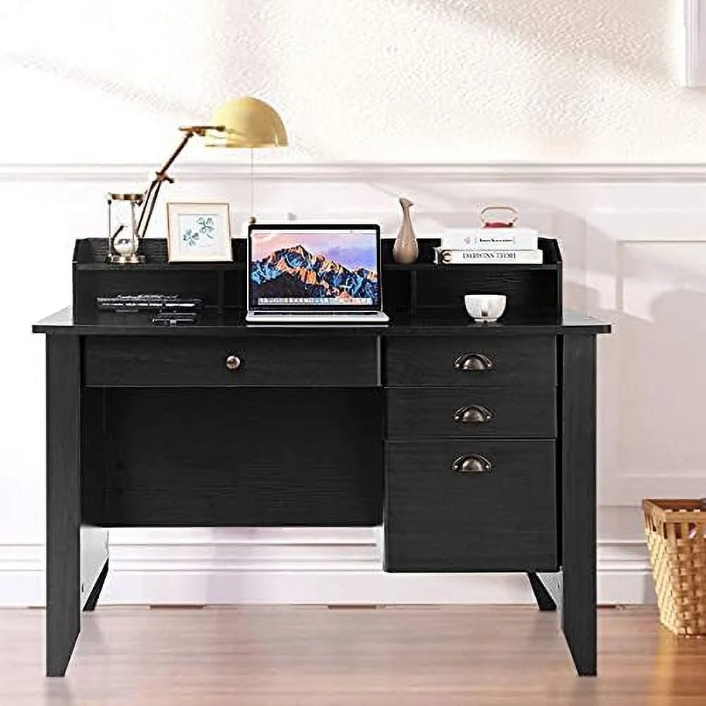 Brown Wooden Computer Desk with 4 Drawers and Bookshelf T8683