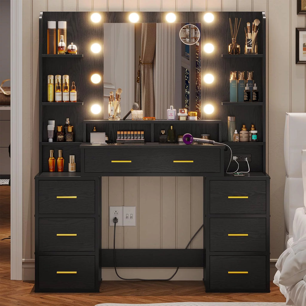 Black Glass Top Vanity Desk with Mirror and Lights O9319