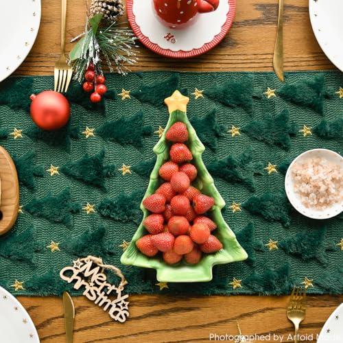 Green Plush Faux Fur Jacquard Christmas Table Runner 13x72 Inch B704461