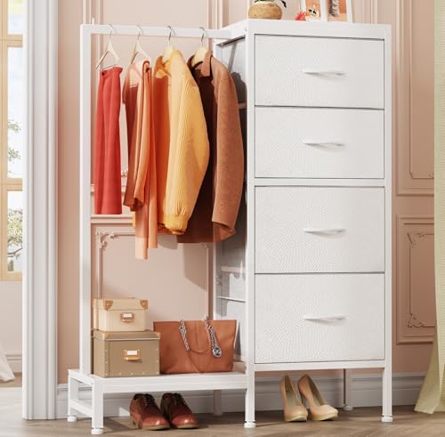 White 4 Drawer Dresser with Hanging Rack N124