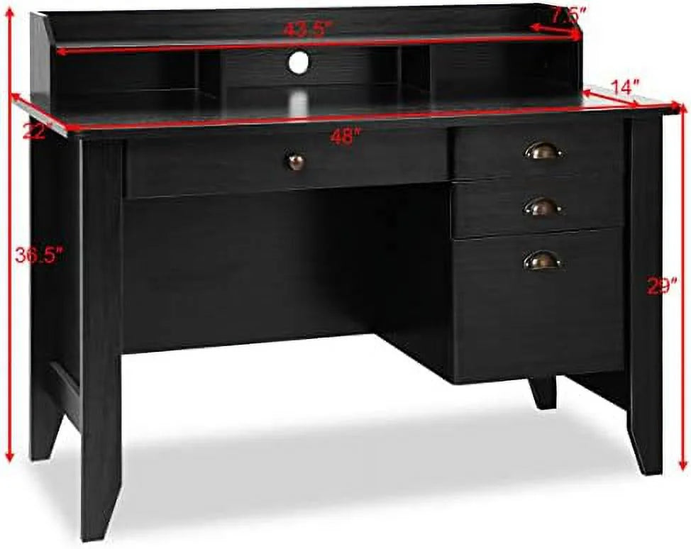 Brown Wooden Computer Desk with 4 Drawers and Bookshelf T8683