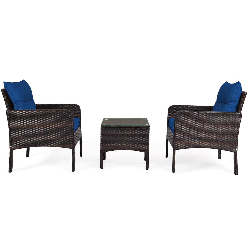 3 Pcs Rattan Patio Conversation Set with Navy Cushions J43316