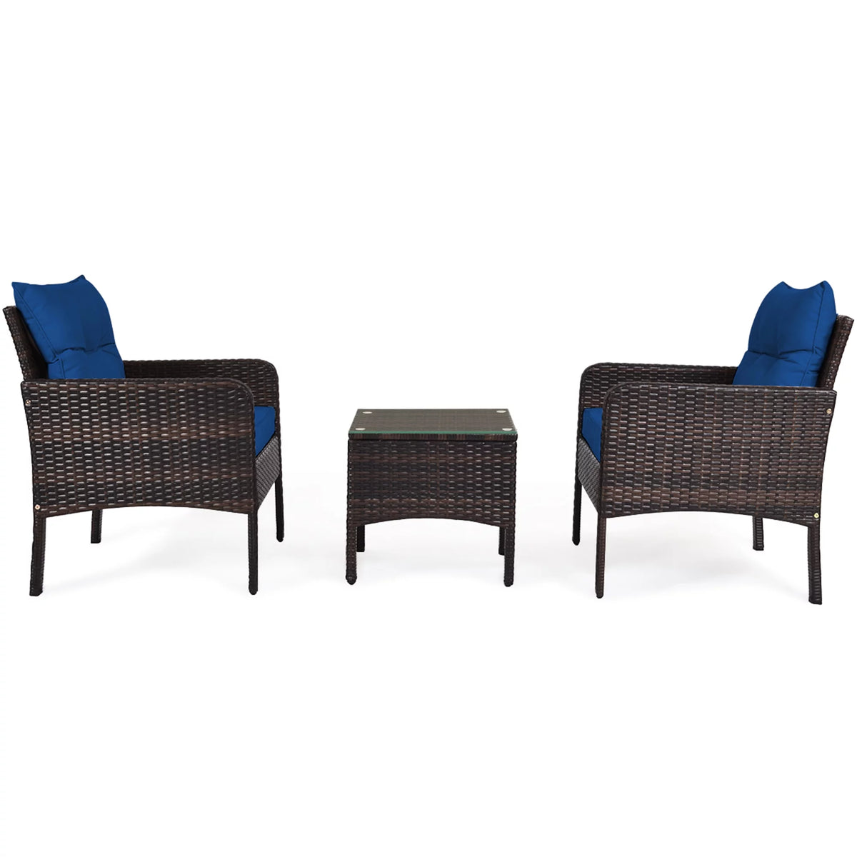 3 Pcs Rattan Patio Conversation Set with Navy Cushions J43316